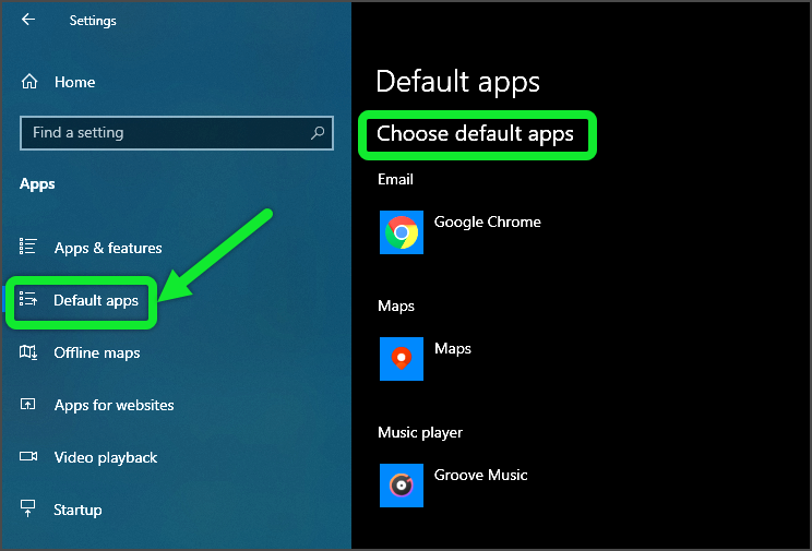 Default Apps Settings in Windows 10